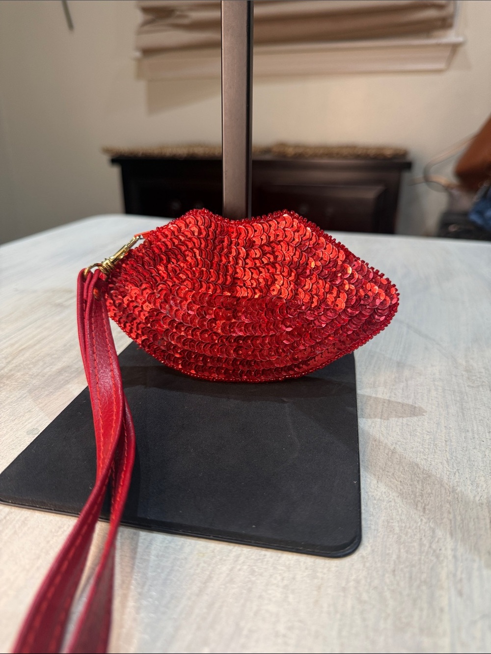 Vintage Two's Company Red Sequin Lip Clutch Wristlet